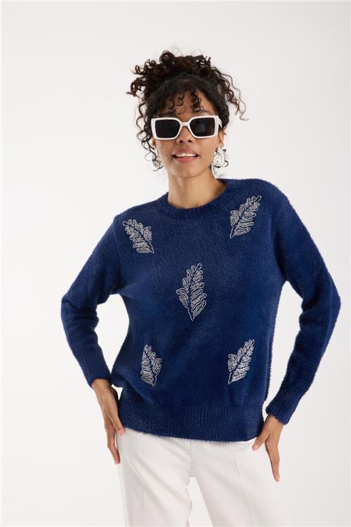 Wholesale Women Navy Crew-Neck Knit Blouse with Beaded Embroidery
