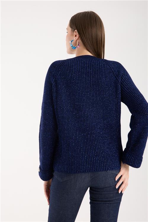 Wholesale Women Navy Lurex Crew-Neck Knit Blouse with Raglan Sleeves and Single Button Cuffs