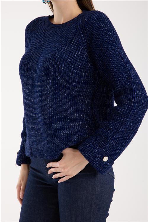 Wholesale Women Navy Lurex Crew-Neck Knit Blouse with Raglan Sleeves and Single Button Cuffs