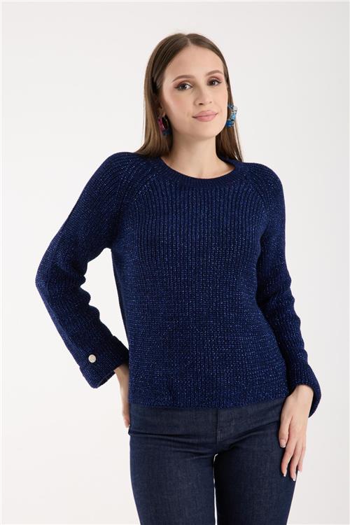 Wholesale Women Navy Lurex Crew-Neck Knit Blouse with Raglan Sleeves and Single Button Cuffs