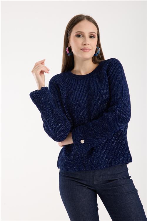 Wholesale Women Navy Lurex Crew-Neck Knit Blouse with Raglan Sleeves and Single Button Cuffs