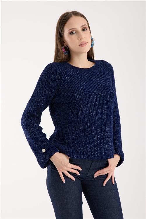 Wholesale Women Navy Lurex Crew-Neck Knit Blouse with Raglan Sleeves and Single Button Cuffs