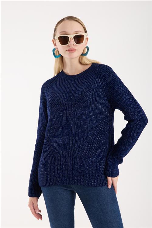 Wholesale Women Navy Crew-Neck Lurex Rib Knit Sweater with Raglan Sleeves