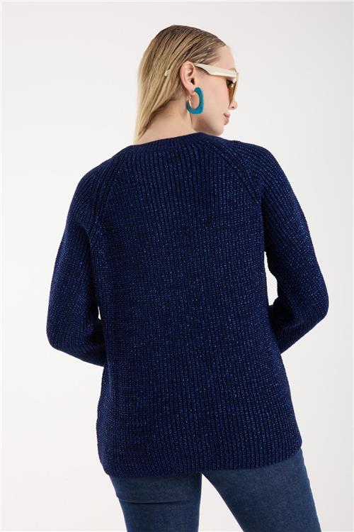 Wholesale Women Navy Crew-Neck Lurex Rib Knit Sweater with Raglan Sleeves