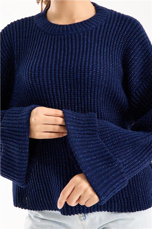 Wholesale Women Navy Lurex Rib Knit Oversized Crew-Neck Sweater