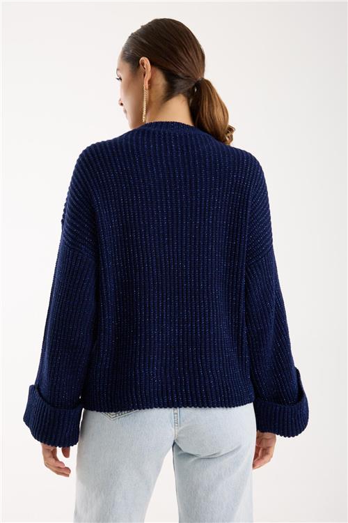 Wholesale Women Navy Lurex Rib Knit Oversized Crew-Neck Sweater