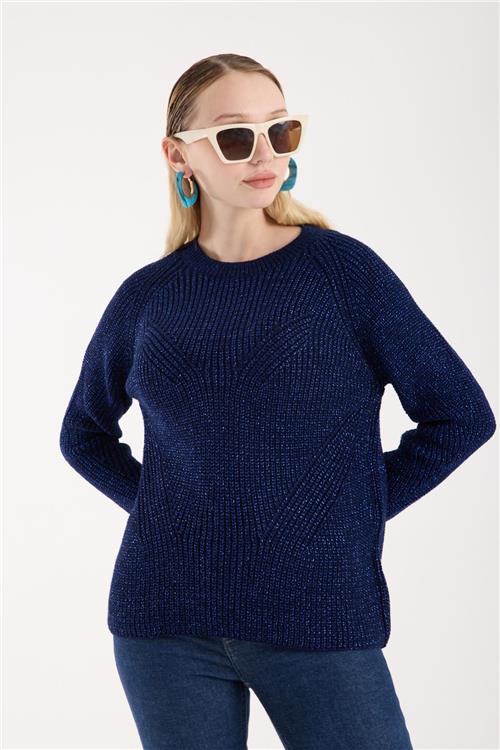 Wholesale Women Navy Crew-Neck Lurex Rib Knit Sweater with Raglan Sleeves