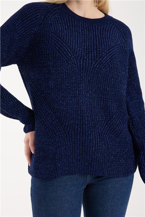 Wholesale Women Navy Crew-Neck Lurex Rib Knit Sweater with Raglan Sleeves