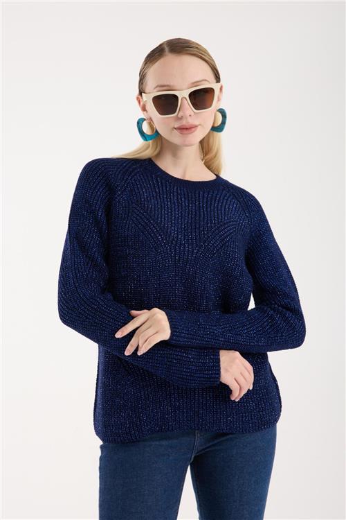Wholesale Women Navy Crew-Neck Lurex Rib Knit Sweater with Raglan Sleeves