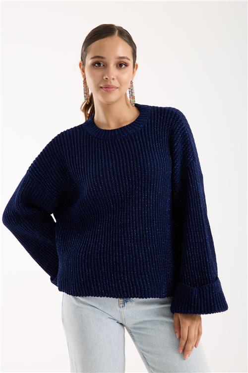 Wholesale Women Navy Lurex Rib Knit Oversized Crew-Neck Sweater