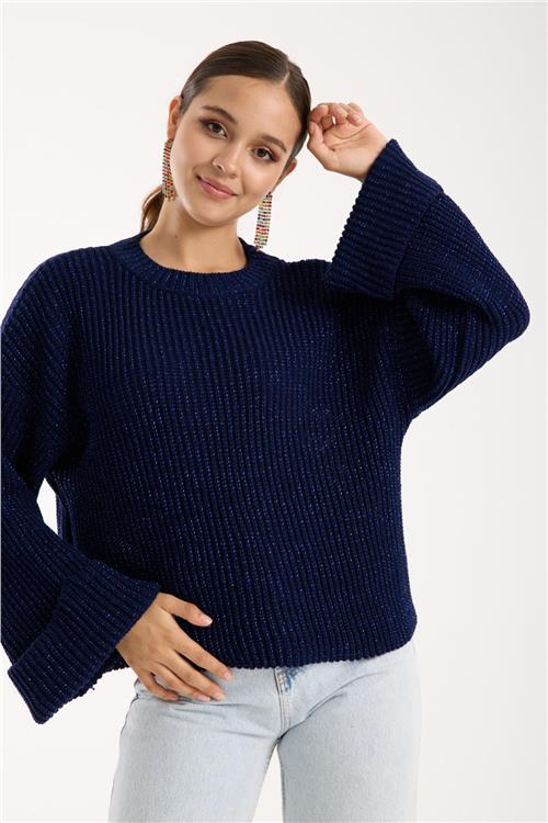Wholesale Women Navy Lurex Rib Knit Oversized Crew-Neck Sweater