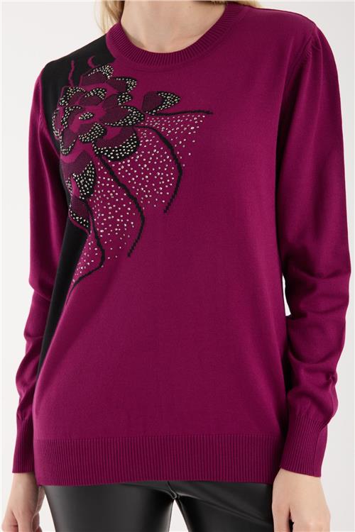 Wholesale Women Plum Crew-Neck Knit Blouse with Rhinestone Embellishments