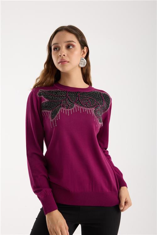 Wholesale Women Plum Crew-Neck Knit Blouse with Rhinestone Embellishments