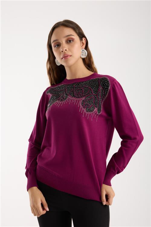 Wholesale Women Plum Crew-Neck Knit Blouse with Rhinestone Embellishments