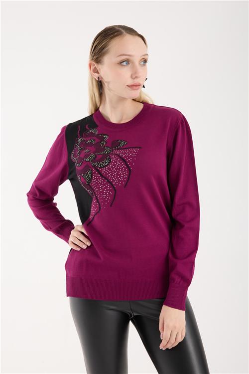Wholesale Women Plum Crew-Neck Knit Blouse with Rhinestone Embellishments