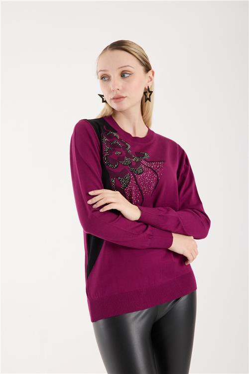 Wholesale Women Plum Crew-Neck Knit Blouse with Rhinestone Embellishments