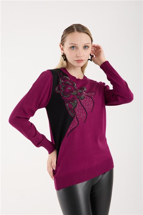 Wholesale Women Plum Crew-Neck Knit Blouse with Rhinestone Embellishments