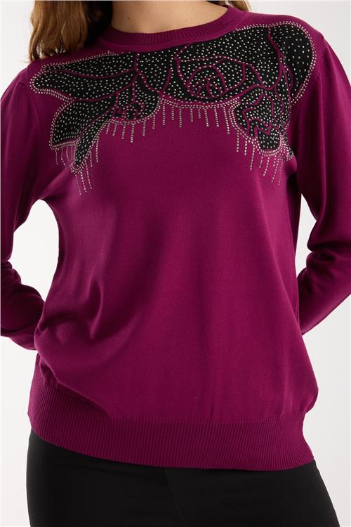 Wholesale Women Plum Crew-Neck Knit Blouse with Rhinestone Embellishments