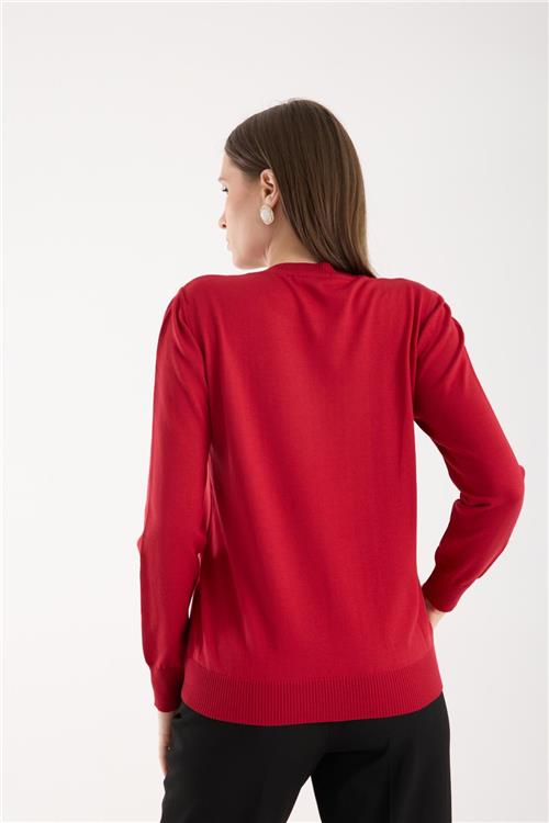 Wholesale Women Red Crew-Neck Knit Blouse with Rhinestone Embellishments