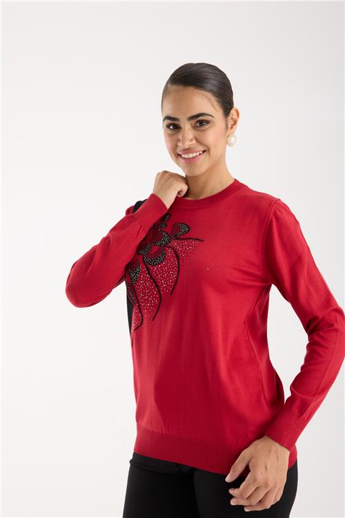 Wholesale Women Red Crew-Neck Knit Blouse with Rhinestone Embellishments