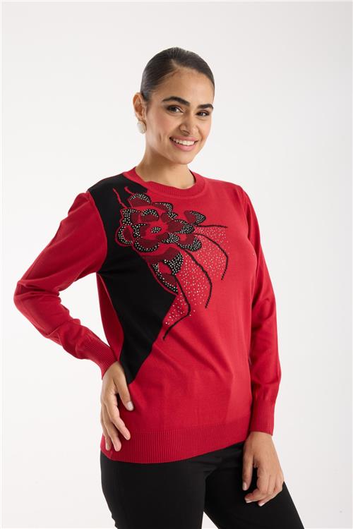Wholesale Women Red Crew-Neck Knit Blouse with Rhinestone Embellishments