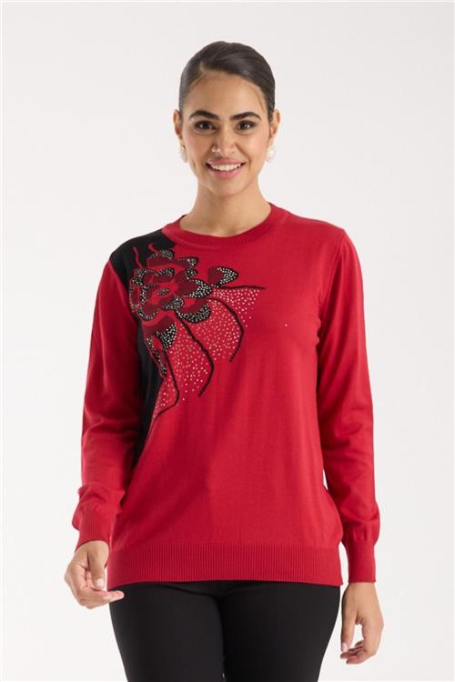 Wholesale Women Red Crew-Neck Knit Blouse with Rhinestone Embellishments