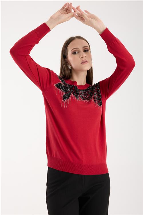 Wholesale Women Red Crew-Neck Knit Blouse with Rhinestone Embellishments