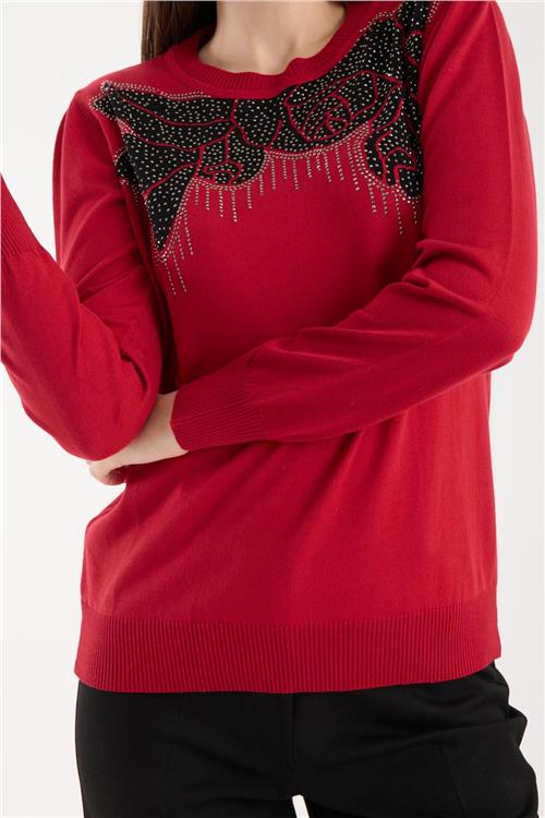 Wholesale Women Red Crew-Neck Knit Blouse with Rhinestone Embellishments