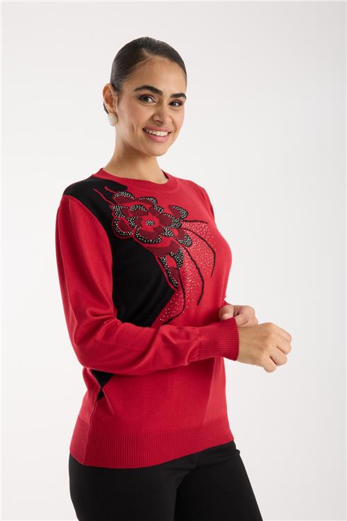 Wholesale Women Red Crew-Neck Knit Blouse with Rhinestone Embellishments