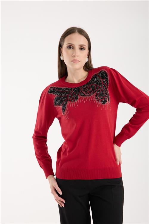 Wholesale Women Red Crew-Neck Knit Blouse with Rhinestone Embellishments