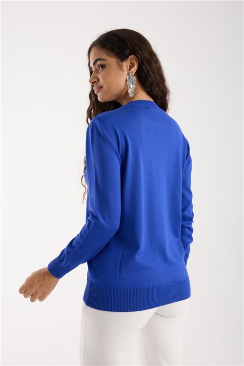 Wholesale Women Sax Blue Crew-Neck Knit Blouse with Rhinestone Embellishments