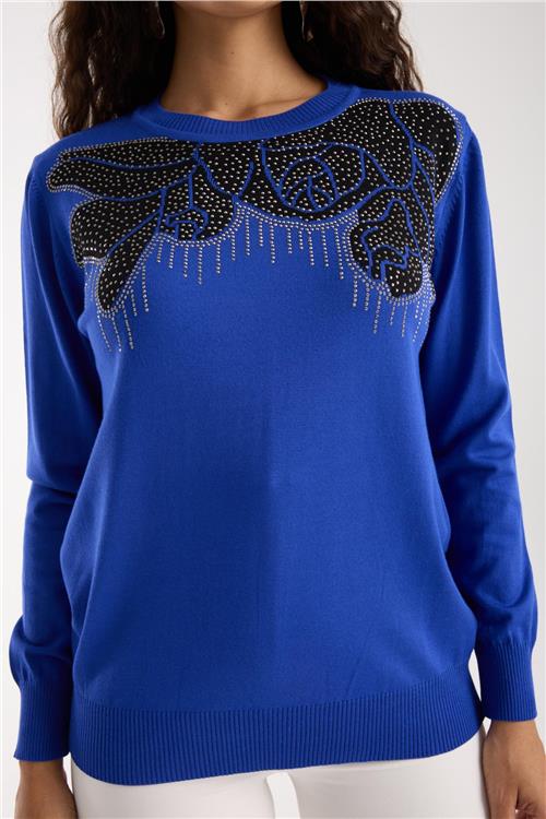 Wholesale Women Sax Blue Crew-Neck Knit Blouse with Rhinestone Embellishments
