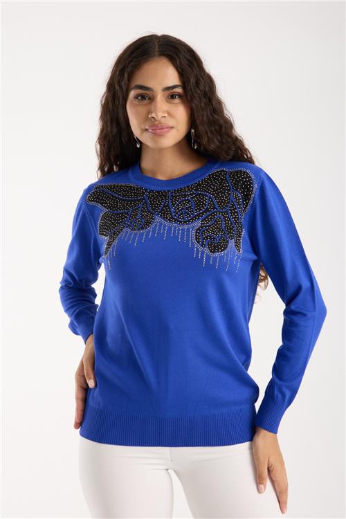 Wholesale Women Sax Blue Crew-Neck Knit Blouse with Rhinestone Embellishments