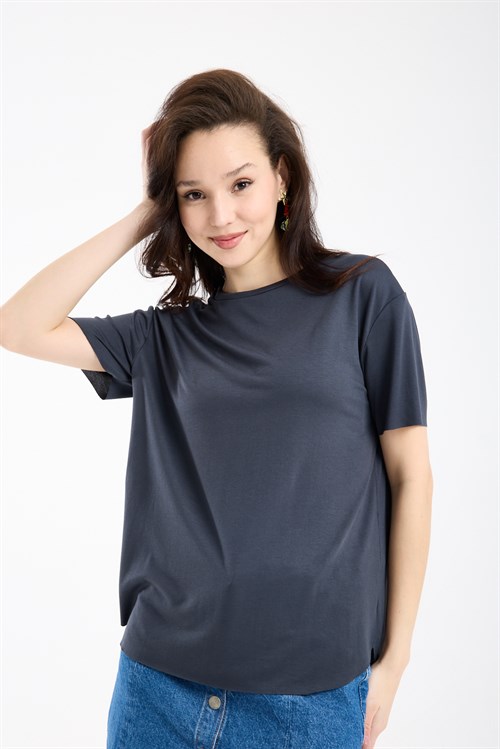 Wholesale Womens Anthracite Basic T-Shirt with Side Slits