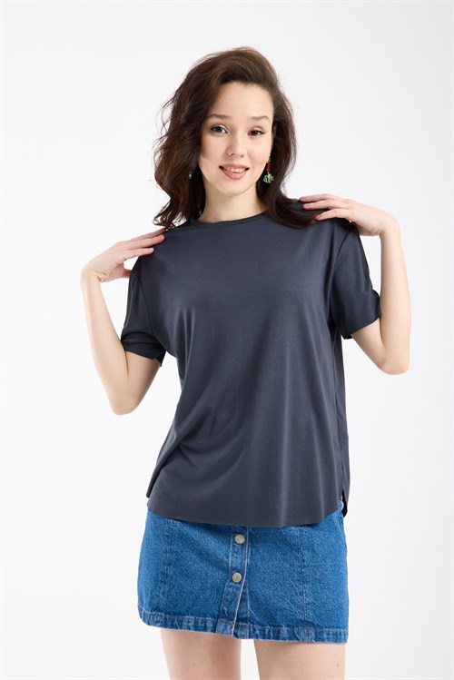 Wholesale Womens Anthracite Basic T-Shirt with Side Slits