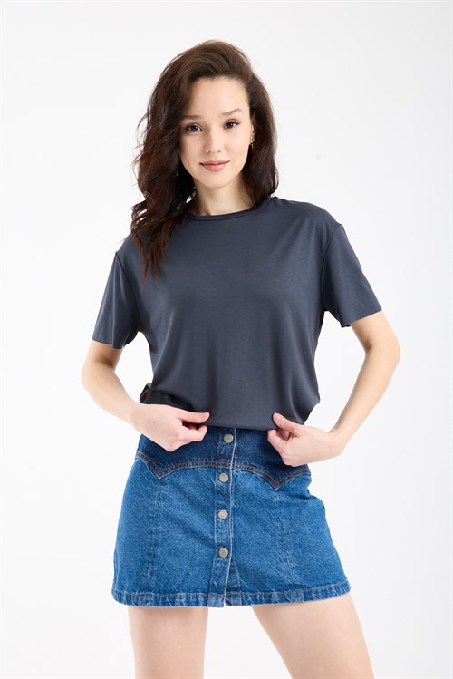 Wholesale Womens Anthracite Basic T-Shirt with Side Slits