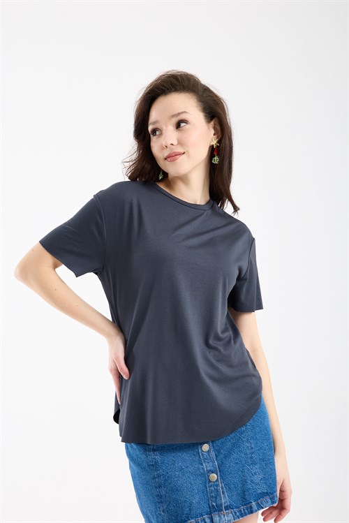 Wholesale Womens Anthracite Basic T-Shirt with Side Slits