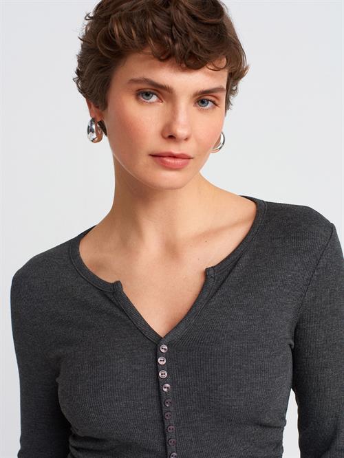 Wholesale Womens Anthracite Button Detailed Gathered Top