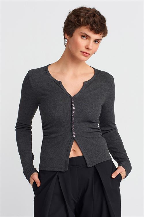 Wholesale Womens Anthracite Button Detailed Gathered Top