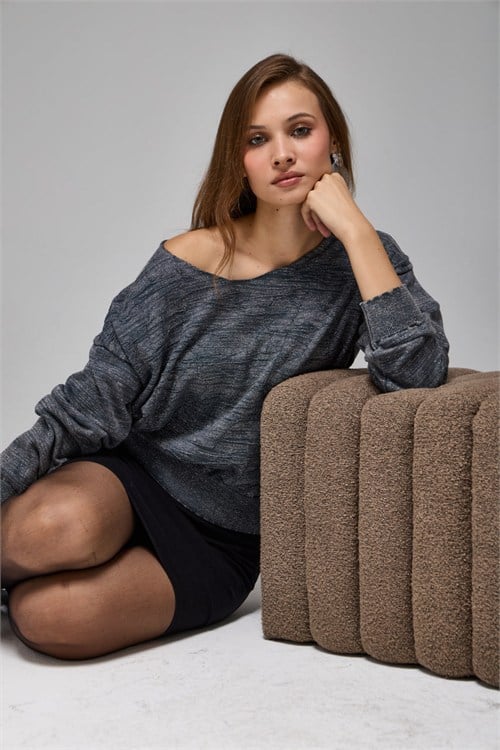 Wholesale Womens Anthracite Lurex Ombre Cotton Knit Sweater