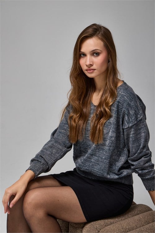 Wholesale Womens Anthracite Lurex Ombre Cotton Knit Sweater