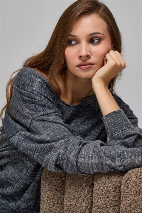 Wholesale Womens Anthracite Lurex Ombre Cotton Knit Sweater
