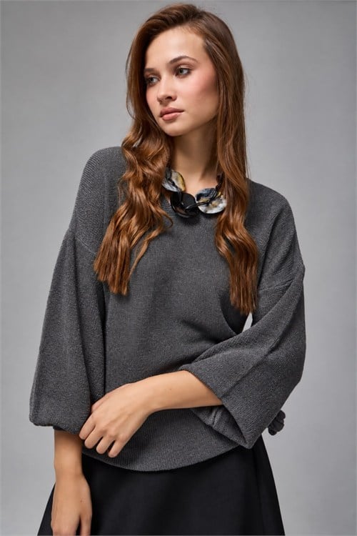 Wholesale Womens Anthracite Relaxed-Fit Mercerized Knit Sweater with Front and Back V-Neck