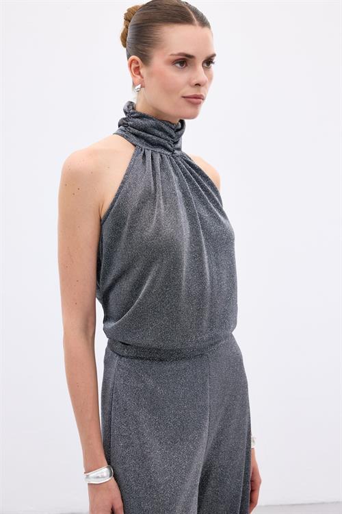 Wholesale Womens Anthracite Sleeveless Mock-Neck Lurex Blouse