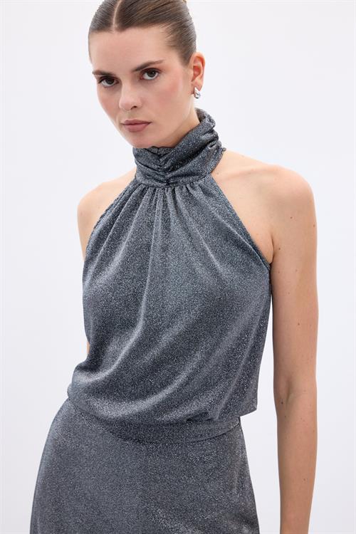 Wholesale Womens Anthracite Sleeveless Mock-Neck Lurex Blouse