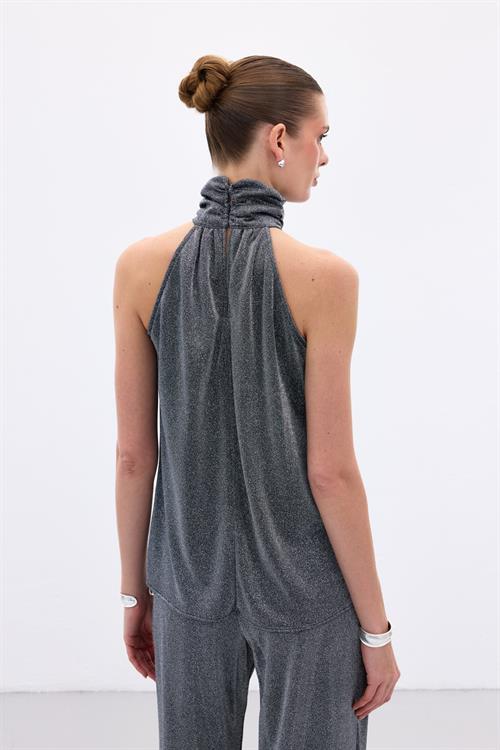 Wholesale Womens Anthracite Sleeveless Mock-Neck Lurex Blouse