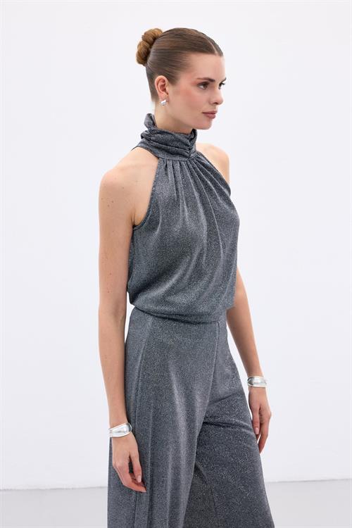 Wholesale Womens Anthracite Sleeveless Mock-Neck Lurex Blouse