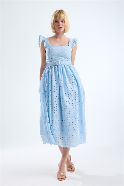Wholesale Womens Baby Blue Embroidered Dress with Matching Belt