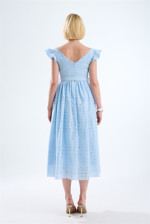 Wholesale Womens Baby Blue Embroidered Dress with Matching Belt
