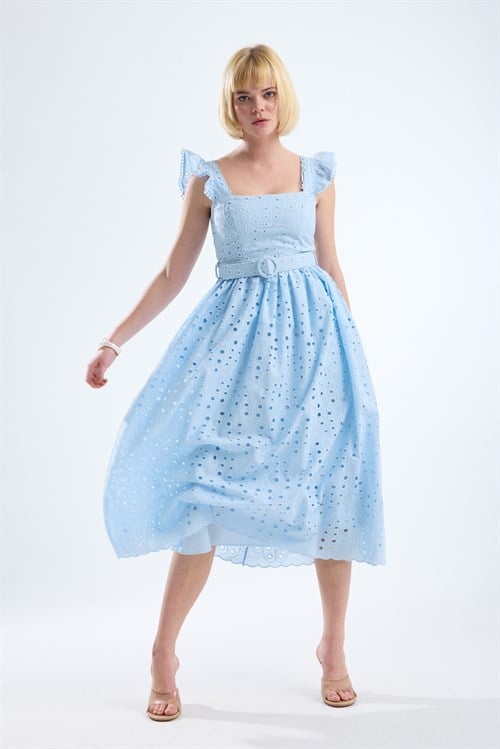 Wholesale Womens Baby Blue Embroidered Dress with Matching Belt